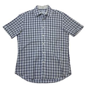Bugatchi Shaped Fit Shirt Mens L Large Blue Plaid Cotton Short Sleeve Button Up